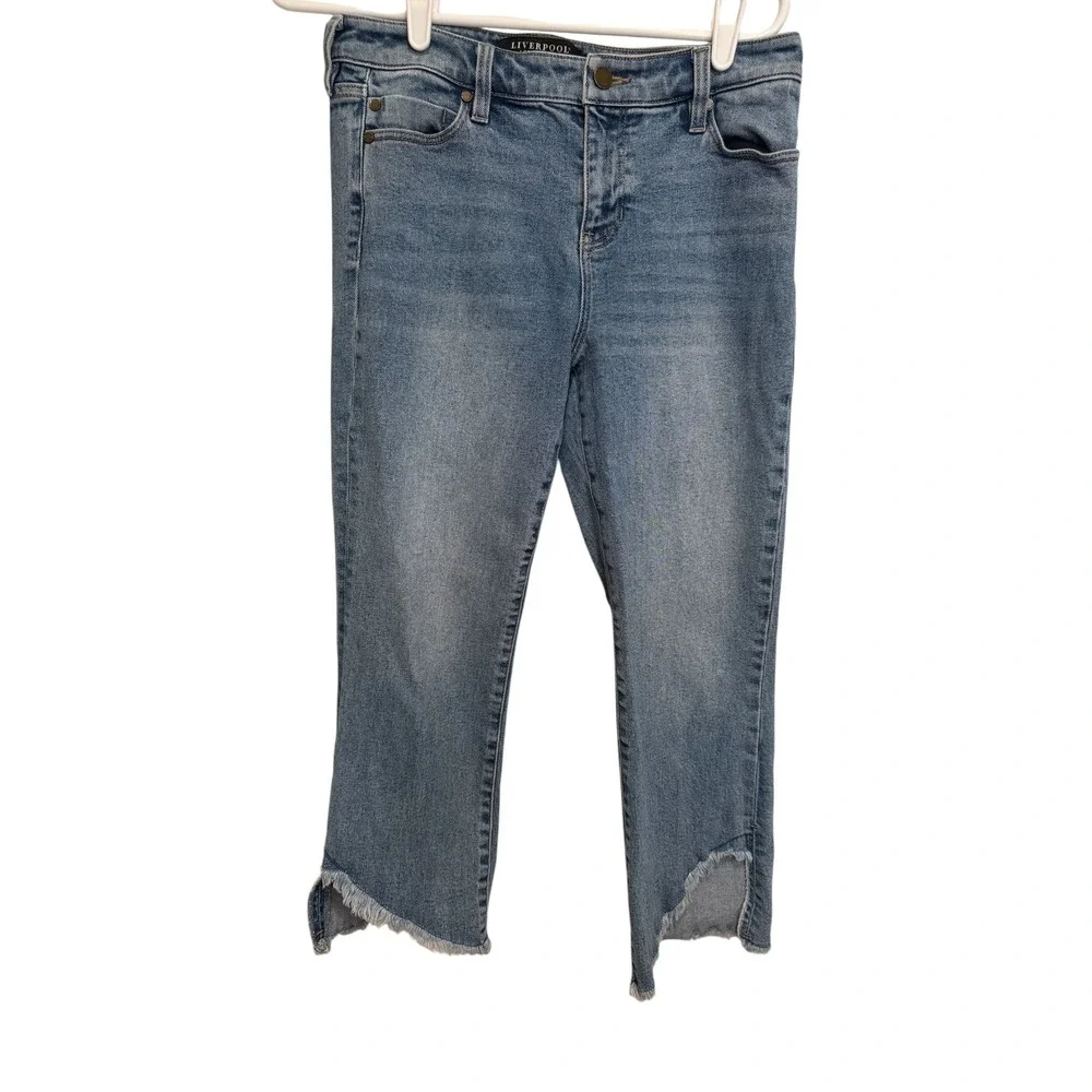 Liverpool‎ Womens 4/27 Blue Crop Flare Raw Step Hem Stretch Denim Jeans